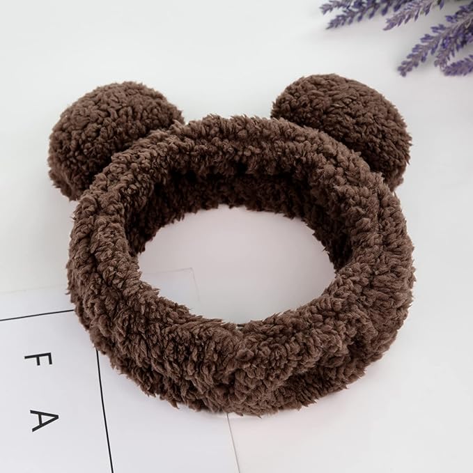 Huachi Bear Ears Headbands for Women Girls Face Washing Spa Makeup Hair Bands Korean Elastic Fluffy Beauty Accessories, Brown