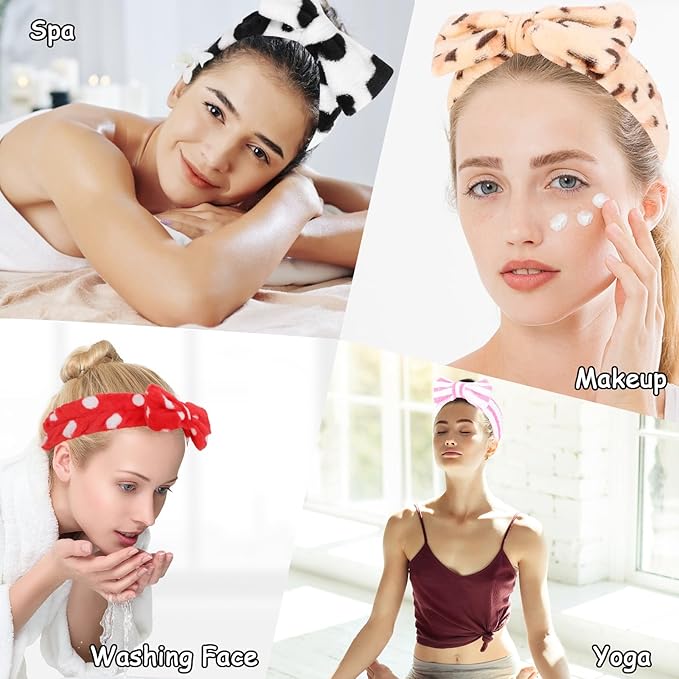 Casoty 12 Pcs Spa Headbands, Skin Care Headband, Soft Coral Fleece Makeup Head Bands, Bow Hair Band for Face Washing Shower Skin Care Yoga