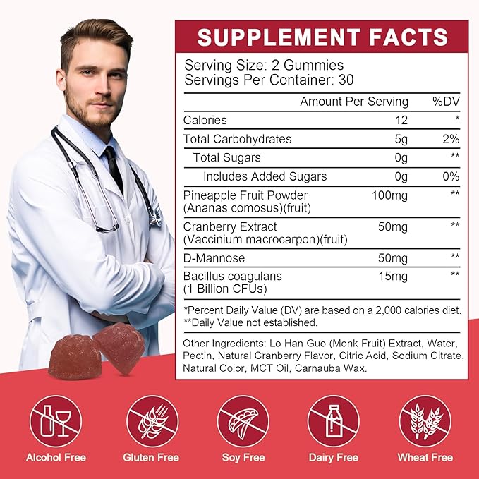 Feminine Balance Gummies for Women - Vaginal Health, pH Balance Support, Pineapple Probiotics Gummies for Women with Cranberry Extract and D-Mannose, Sugar Free, Vegan, Cranberry Flavor - 60 Ct