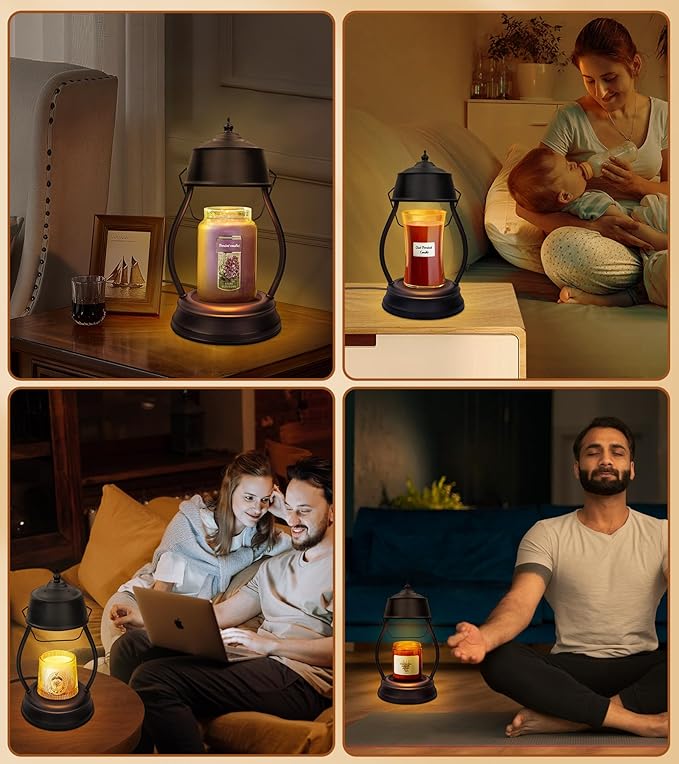 Candle Warmer Lamp, Dimmable Candle Warmer Lantern with Timer, Birthday Gifts for Women Mom, Dad and Fathers, House Warming Gifts, Black Large Lantern Candle Lamp for New Home Bedroom Decor