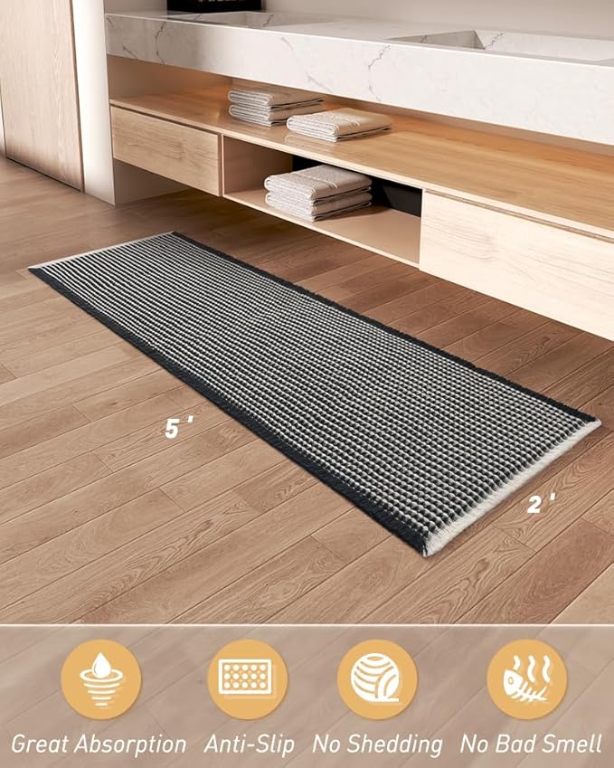 AMOAMI Upgraded Waffle Runner Rug Super Absorbent Non Slip Bath Mats for Bathroom Machine Washable Bathroom Runner Rug with Tassels, Ideal for Hallway Bedroom Laundry Room, 2' x 5', Black & Cream