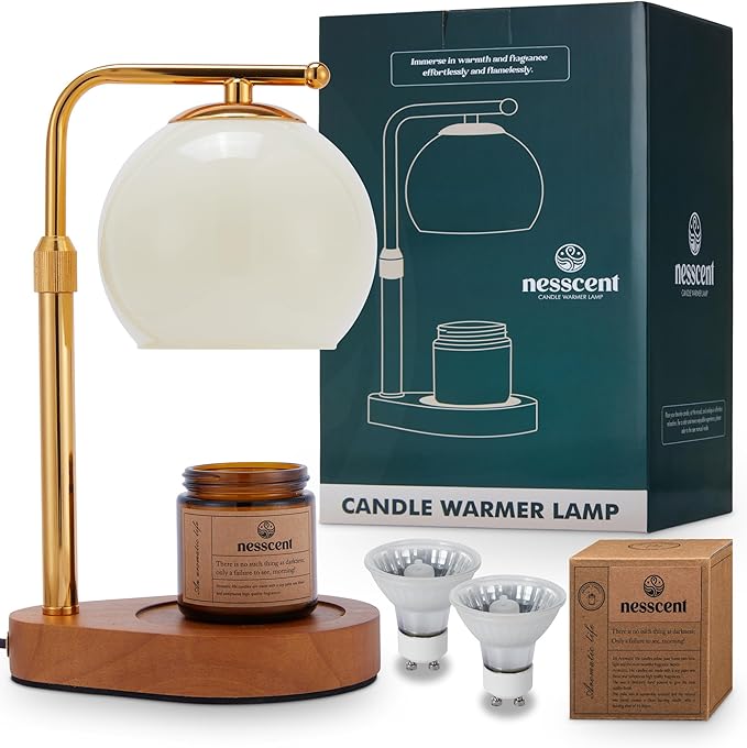 Ivory Glass Candle Warmer Lamp with Adjustable Height Dimmer and 2 4 8 Hour Timer Includes Scented Candle and 2 Bulbs Dark Wood Base for Cozy Bedroom Living Room Spa