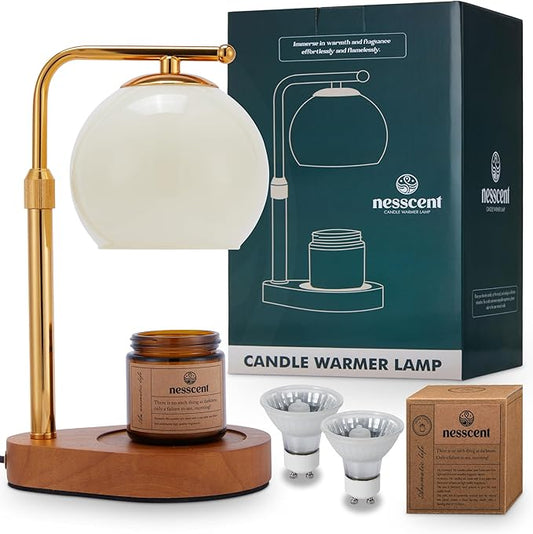 Ivory Glass Candle Warmer Lamp with Adjustable Height Dimmer and 2 4 8 Hour Timer Includes Scented Candle and 2 Bulbs Dark Wood Base for Cozy Bedroom Living Room Spa