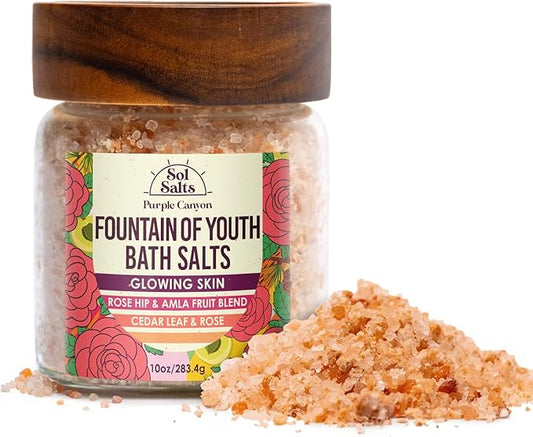 PURPLE CANYON SolSalts Fountain of Youth Bath Salts | Lavender, Rose, & Cedar Leaf Scented Detox Soak with Epsom Salt, Amla & Rosehip for Glowing Skin