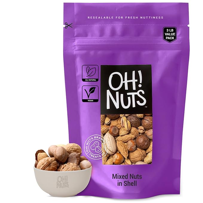 Oh! Nuts Mixed Nuts in Shell - Raw - 100% Natural - 3 lb - Jumbo-Sized Premium Shelled Nuts - Packed in New York Zip-Seal Bag for Exceptional Freshness