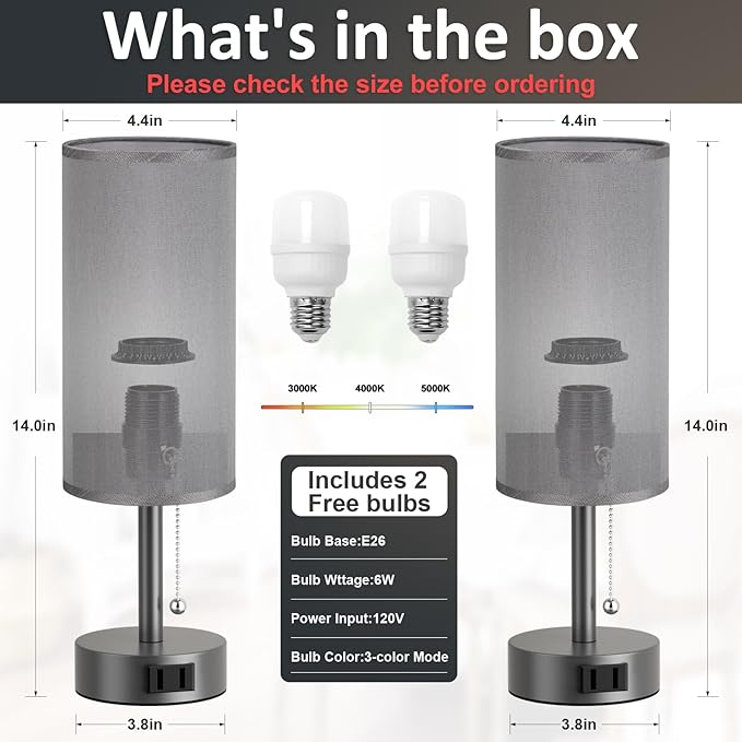 Fenmzee Dark Grey Bedside Table Lamps Set of 2-3 Color Temperatures Pull Chain Lamp with AC Outlet Charging Port, Small Round Night Stand Lamps for Bedroom, Bed Side Light with E26 LED Bulbs