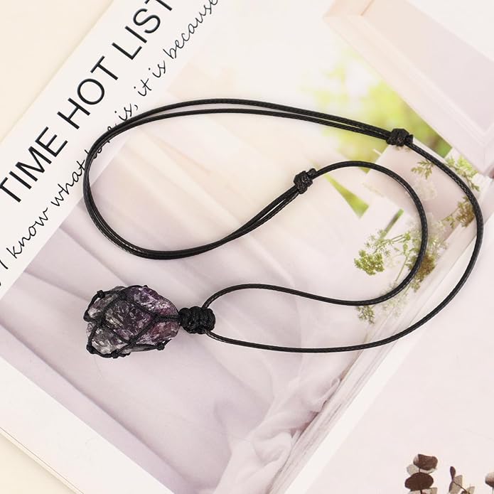 Handmade Natural Gemstone Crystal Pendant Necklace Stone Holder Necklace Cord Net Necklace with Adjustable Length for Women Men