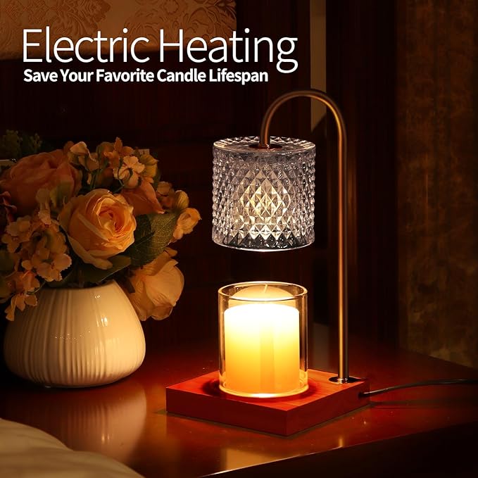 Candle Warmer Lamp, Candle Lamp Wax Warmer, Timer & Dimmer 7-Levels, Fits Cup Jar Candle, Top Melting, Crystal Heater Lamp for Scented Wax, Elegant Home Decor, Clear & Brown