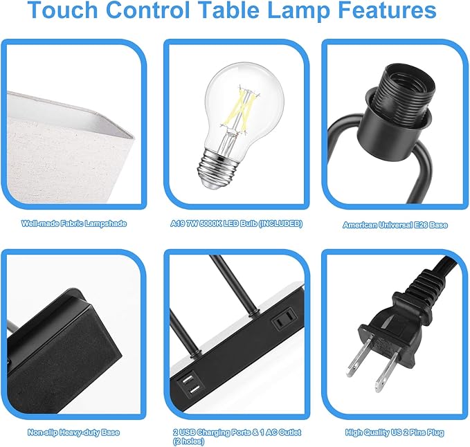Bedside Touch Control Table Lamp with Dual USB Charging Ports 1 AC Outlet, 3 Way Dimmable Modern Nightstand Lamp with Cream Fabric Shade, Desk Lamp for Bedroom Living Room Office with 5000K LED Bulb