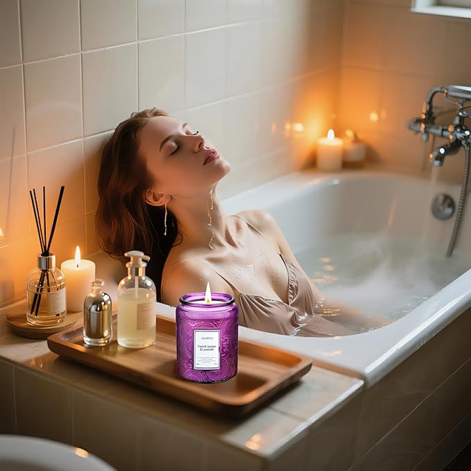 Jar Candles Lavender Home Scented - 100% Natural Soy Wax & 1 Cotton Wick,Luxury Embossed Bottle Candle,Scented Jar Candle Gift for Women/Men 7.05oz/40 Hours Burn Time
