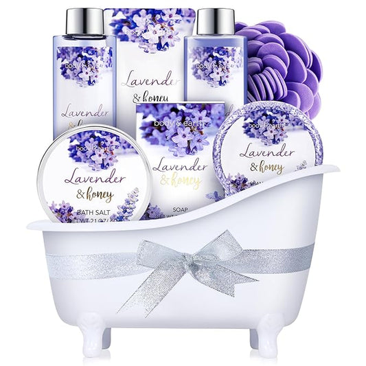 Bath and Body Gift Set - Lavender Gifts for Women, Body & Earth Bath & Shower Sets, 8 Pcs Lavender Honey Gift Sets with Bubble Bath, Lotion Set, Soap, Spa Kit for Women, Christmas Gifts for Mom