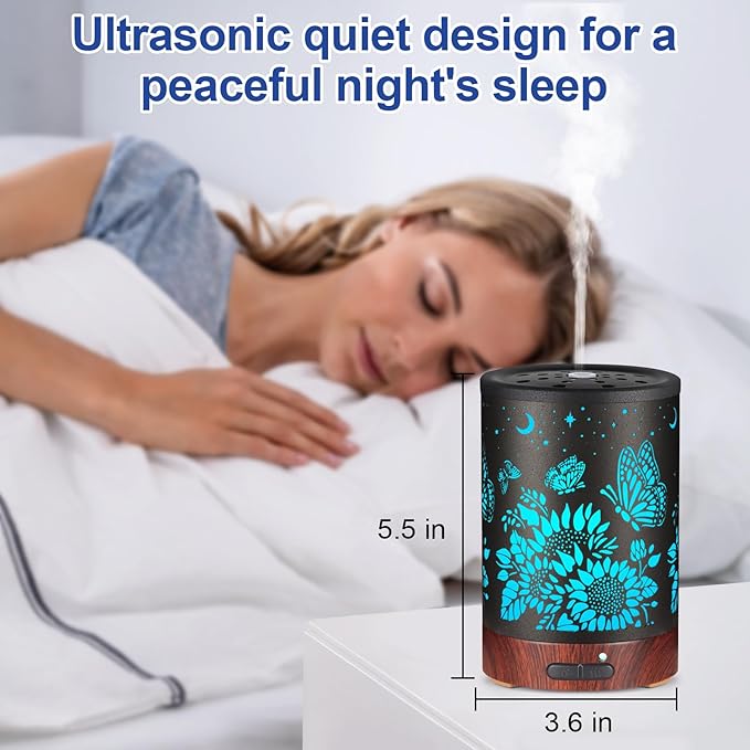 Essential Oil Diffuser- Aromatherapy Diffuser with7 Colors Light, and Auto-Off -Metal Cool Mist Humidifier for Home and Office（Sunflower + Butterfly）…