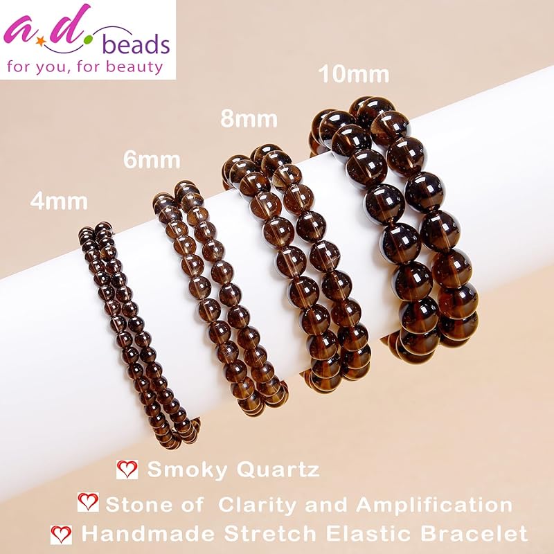 AD Beads Handmade Gemstone Stretch Elastic Bracelet Crystal Healing Reiki Nature's Beauty and Spiritual Essence Unisex (10mm, Smoky Quartz (Clarity and Amplification))