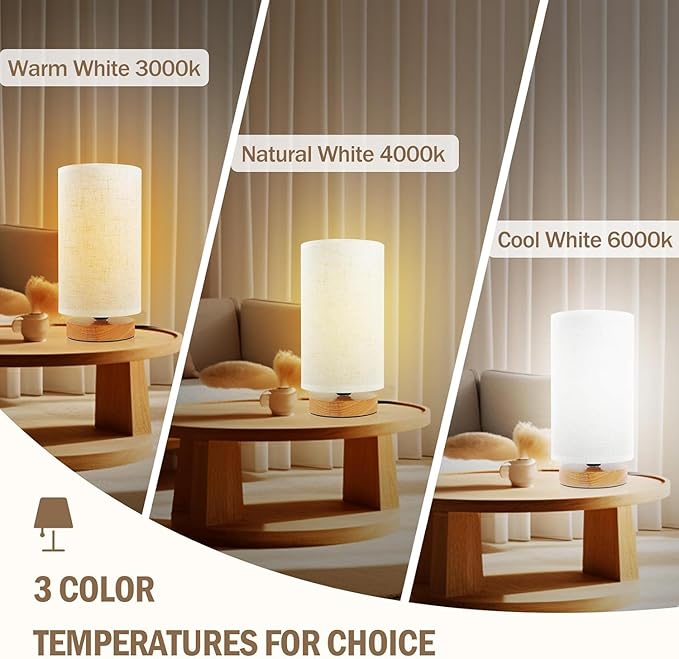 3-Color Adjustable Bedside Table Lamp for Bedroom Set of 2,Minimalist Wood Base&Round Fabric Shade,Cozy Lighting Nightstand Boho Lamp,Reading Desk Night Stand Light for Room,Office,kitchen,Nursery