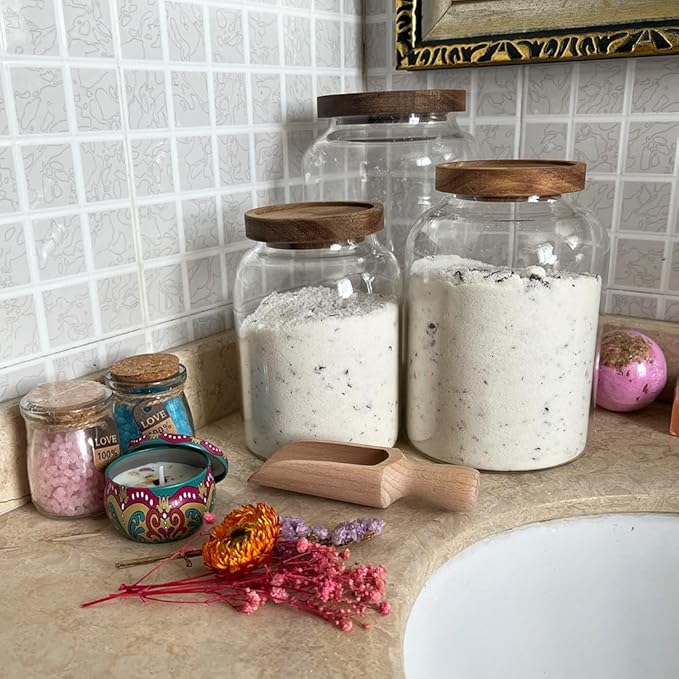 66 oz Bath Salts Glass Jar with Wooden Lid and Scoop,Bathroom Decor Container,Airtight Storage Bathtub Accessories for Women
