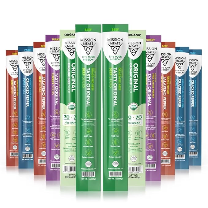 Mission Meats Variety Pack with Certified Organic Beef, Grass Fed, Free Range Turkey, and Cracked Pepper Pork – Gluten & Sugar Free, Whole 30 & Paleo Friendly, Delicious and Family Friendly (12 Count)