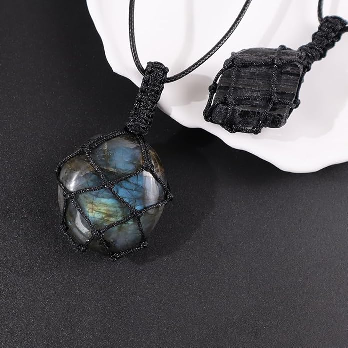 Handmade Natural Gemstone Crystal Pendant Necklace Stone Holder Necklace Cord Net Necklace with Adjustable Length for Women Men