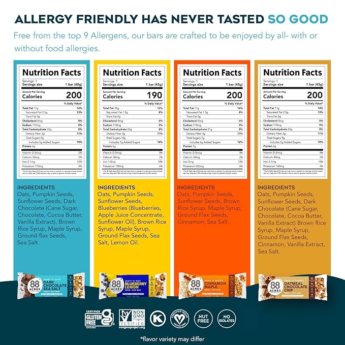 88 Acres Granola Bars | Variety | Gluten Free, Nut-Free Oat and Seed Snack Bar | Vegan & Non GMO | 12 Pack