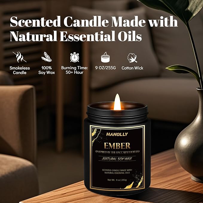 Ember Hotel Candle, 9 oz Scented Candles for Home Soy Candle Wax, Inspired by The Baccarat Hotels, Luxury Long Lasting Aromatherapy Jar Candle Gifts for Men Women