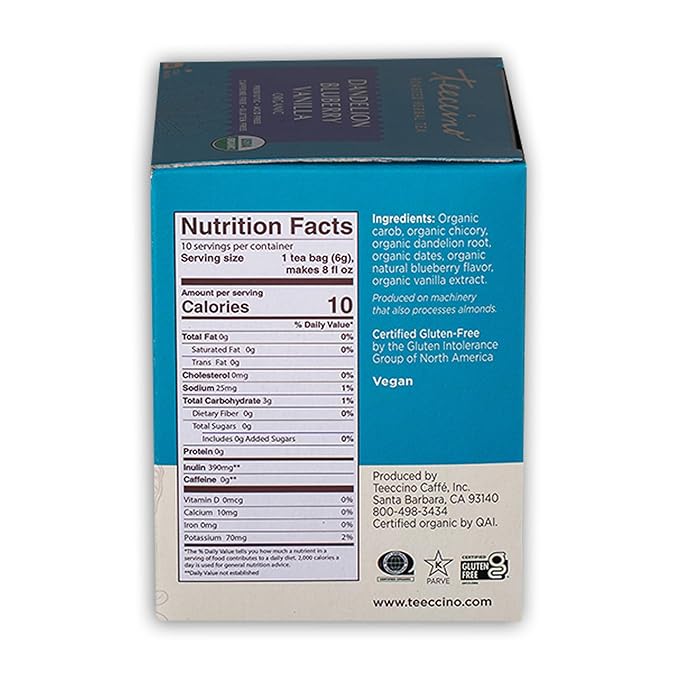 Teeccino Dandelion Blueberry Vanilla Herbal Tea, 10 Count - Rich & Roasted Herbal Tea That’s Caffeine Free & Prebiotic for Natural Energy, Coffee Alternative