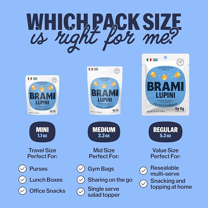 Brami Lupini Beans Snack, Variety | 7g Plant Protein, 0g Net Carbs | Vegan, Vegetarian, Keto, Plant Based, Mediterranean Diet | 1.1 Ounce (Pack of 8)