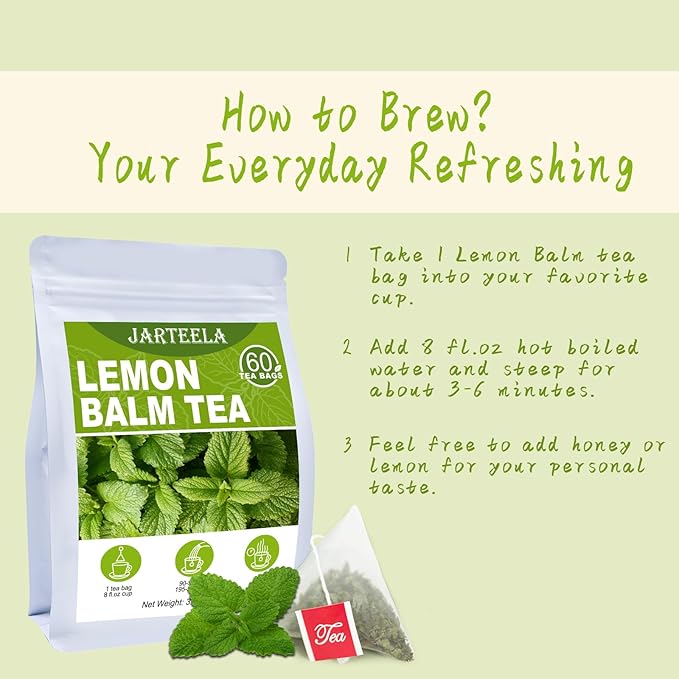 Jarteela Lemon Balm Tea, 1.5g x 60 Count - Natural Melissa Officinalis - Pyramid Herbal Lemon Balm Tea Bags for Digestion - Non-GMO - Caffeine-Free