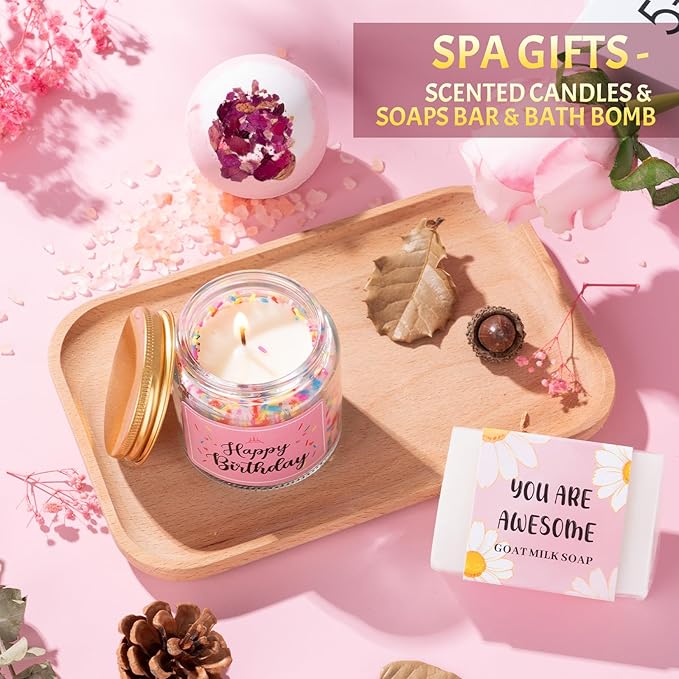 Birthday Gifts for Women, 12pcs Happy Birthday Gift Basket for Women Unique Gifts Set Ideas Relaxing Birthday Box w/ Blanket for Her Mom Best Friends Female Sister Her Friendship(pink)