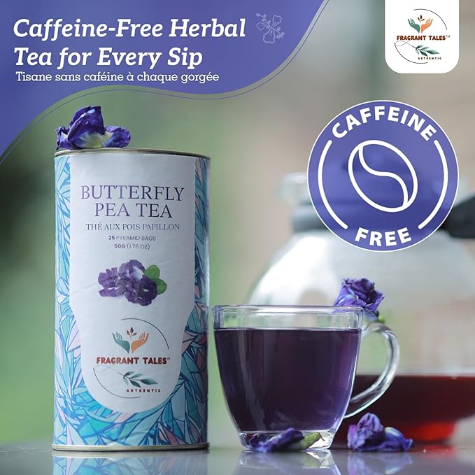 FRAGRANT TALES - Blue Butterfly Pea Flower Tea, 1.76 Oz, 25 Pyramid Bags, Natural Herbal Tea, Caffeine Free, Preservative Free