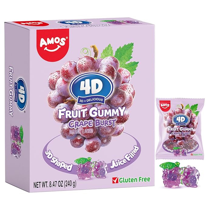 AMOS 4D Gummies Grape Burst Fruit-Shaped Gummy Candy, Natural Flavor Individual Sharing Pack For Parties, School Lunchbox & Family Movie Night Snacks 240g (8.5 Oz) | Fun, Chewy, Shareable Treat