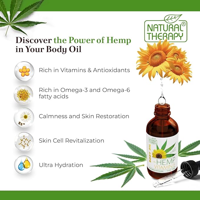 Natural Therapy Hemp & Vitamin E Body Oil – Moisturizing Body Oil – Hydrate & Soften Skin – Increase Skin Elasticity and Provide Anti-Aging Support (4 Fl.Oz)