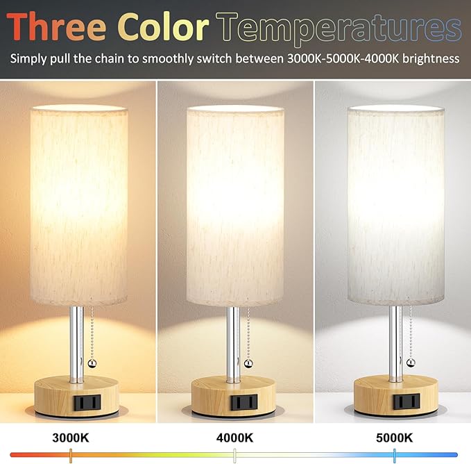Fenmzee Wood Grain Bedside Table Lamps Set of 2-3 Color Temperatures Pull Chain Lamp with AC Outlet Charging Port, Round Night Stand Lamps for Bedroom Office, Small Bed Light with E26 LED Bulbs