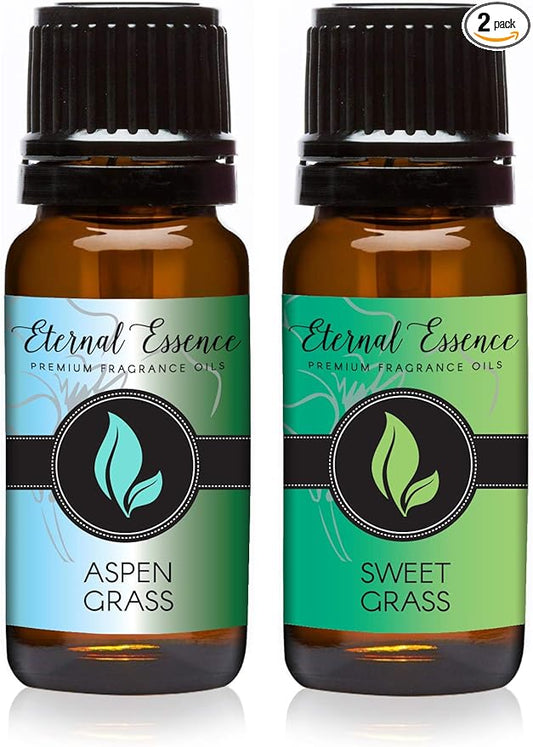 Eternal Essence Oils 2 Pack 10ml Premium Fragrance Oil - Aspen Grass & Sweet Grass - for Candle, Soap Making, Aromatherapy, Diffusers, Home Care, & Humidifiers