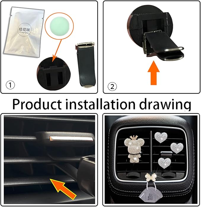 Heart & Bear 4 Pcs Bling Heart Air Vent Clips, Diamond Car Diffuser, Car Interior Decor + Cute Butterfly Mask Hook