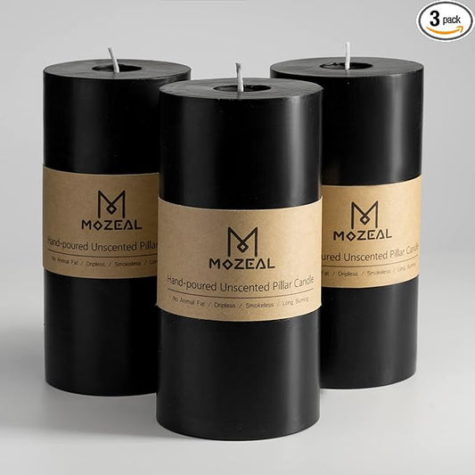 MOZEAL 3" x 6" Hand-Poured Unscented Candle,Dripless Pillar Candle Set of 3,Long Lasting Burning,Approx 120 Hours Burn Time,Rustic Country Style,for Wedding,Dinner,Christmas and Home Decor,Black