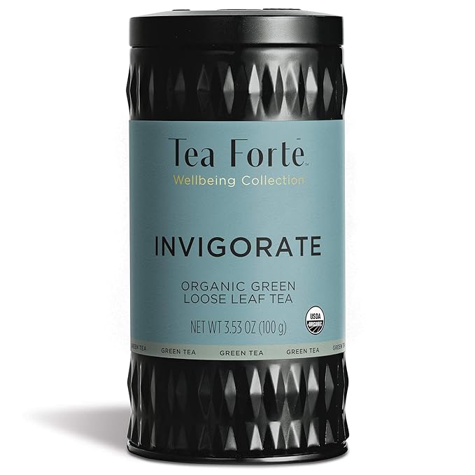 Tea Forte Invigorate Premium Organic Loose Leaf Caffeinated Green Tea Blend Canister, Makes 35-50 Cups