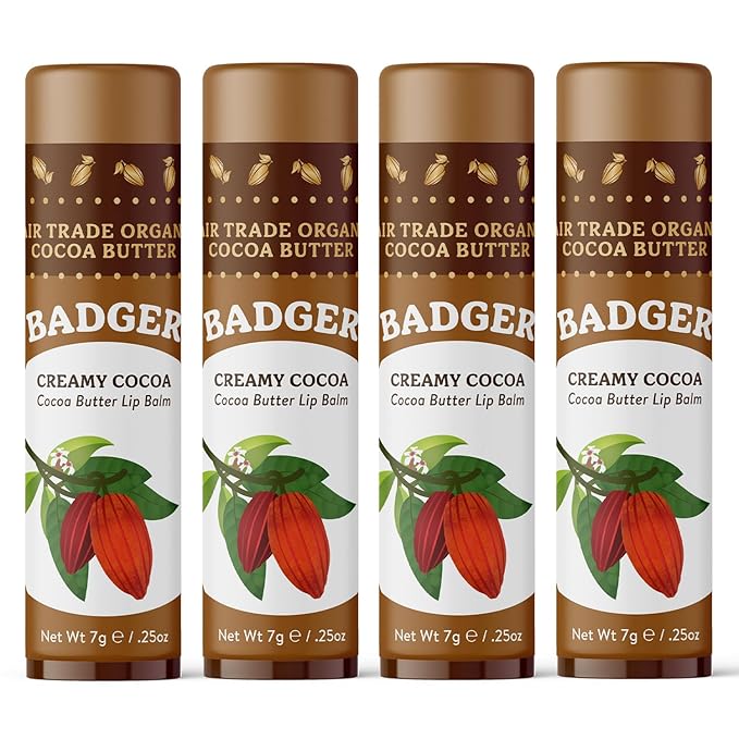 Badger Creamy Cocoa Cocoa Butter Lip Balm, Long Lasting Hydrating Lip Moisturizer, Fair Trade, Large Size Stick, 100% Organic Lip Care, 4-pack