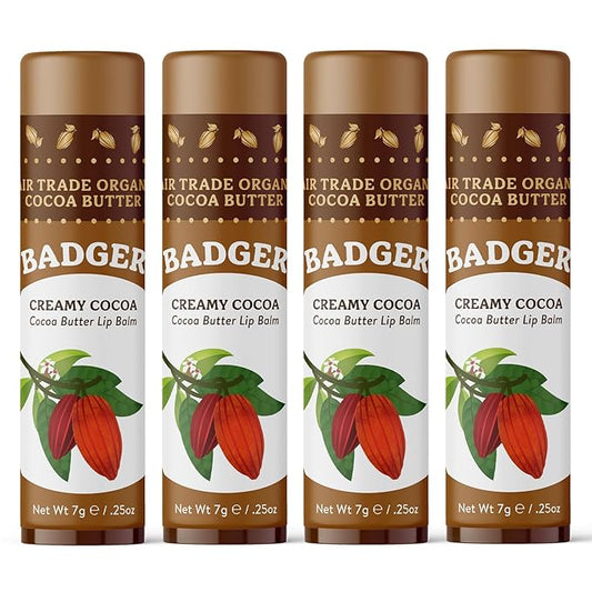 Badger Creamy Cocoa Cocoa Butter Lip Balm, Long Lasting Hydrating Lip Moisturizer, Fair Trade, Large Size Stick, 100% Organic Lip Care, 4-pack