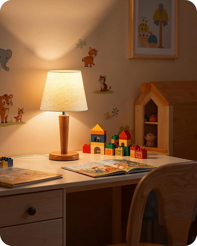 12”Wood Bedside Table Lamps Set of 2, Small Desk Lamps for Small Places, 3 Color Temperatures with Memory,Beige Linen Shade & E26 Bulbs, for Bedroom Living Room Office LE13TLP205