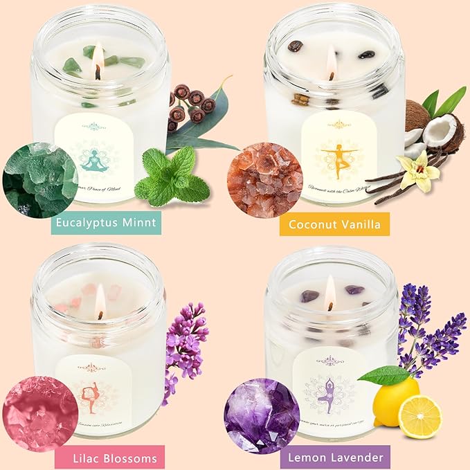 4 Pack Candles for Home Scented, Scented Candle Set with Crystals Stones, Aromatherapy Candles Birthday Gifts Set for Women, 24 Oz 200 Hour Long Lasting Soy Candles Gifts for Mothers Days