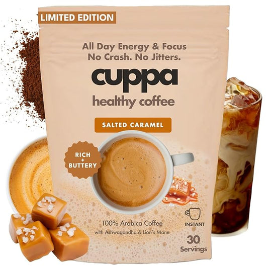 Cuppa Salted Caramel Healthy Mushroom Insant Coffee with Lion's Mane & Ashwagandha for All Day Energy & Focus - No Crash or Jitters - Nootropics for Brain Health, Gut Health, Immunity, Stress, Memory + Mood (30 Servings, Medium Roast)