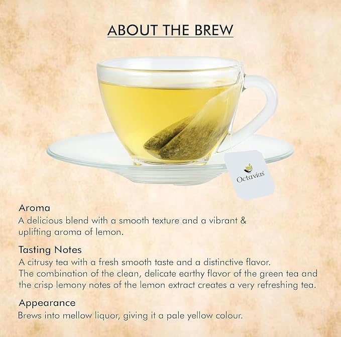 Octavius Lemon Green Tea Bags | Strong Indian CTC Tea | Rich & Malty Flavor | Premium Green Tea for Morning Energy | English Breakfast Style | 30 Tea Bags Pack