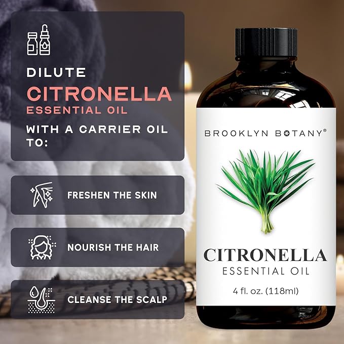 Brooklyn Botany Citronella Essential Oil - 100% Pure and Natural - Premium Grade Oil with Dropper - for Aromatherapy and Diffuser - 4 Fl Oz