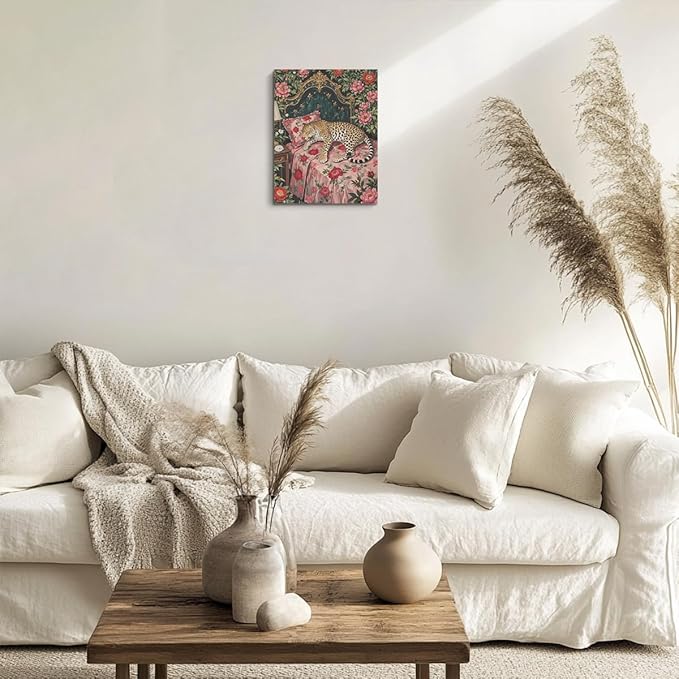 Leopard in Bed Wall Art, Mid Century Vantage Animal Portrait Oil Painting Canvas Framed Prints Modern Decorations, Maximalist Leopard Poster for Bedroom Living Room Entryway Aesthetic