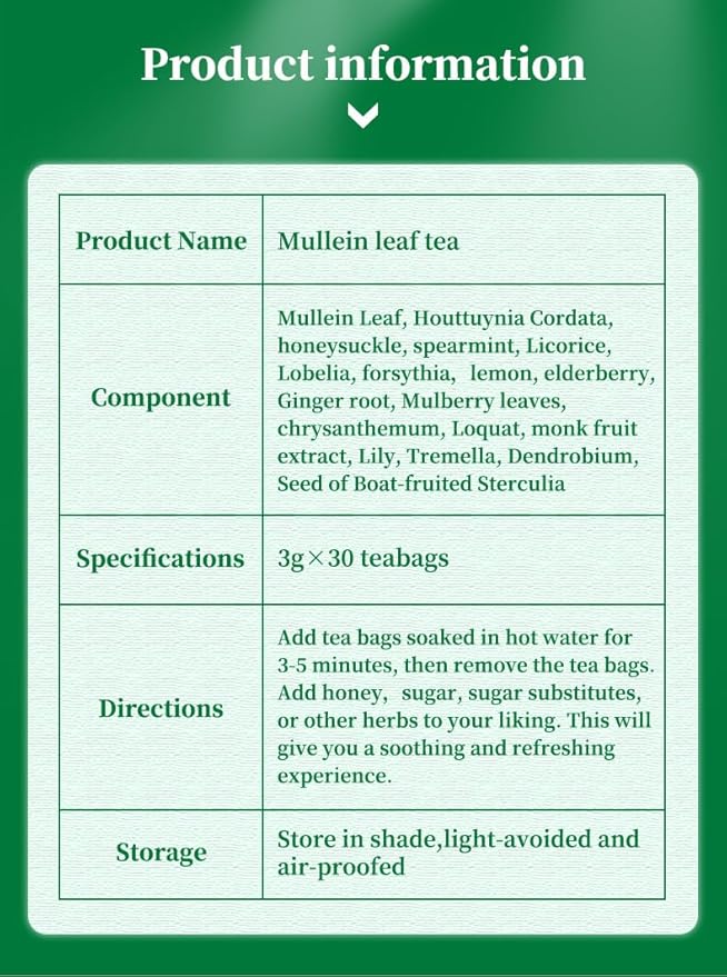 Mullein Tea Bags for Cleanse, Respiratory Support and Mucous Membranes, Herbal Tea Caffeine Free 3g X 30 Tea Bags