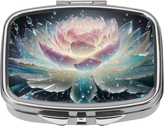 Dynippy Pill Case Pill Box with Mirror Retro Pocket 2 Compartment Medicine Case Vitamin Pill Organizer for Pocket Purse and Travel (Silver- Flower Water)