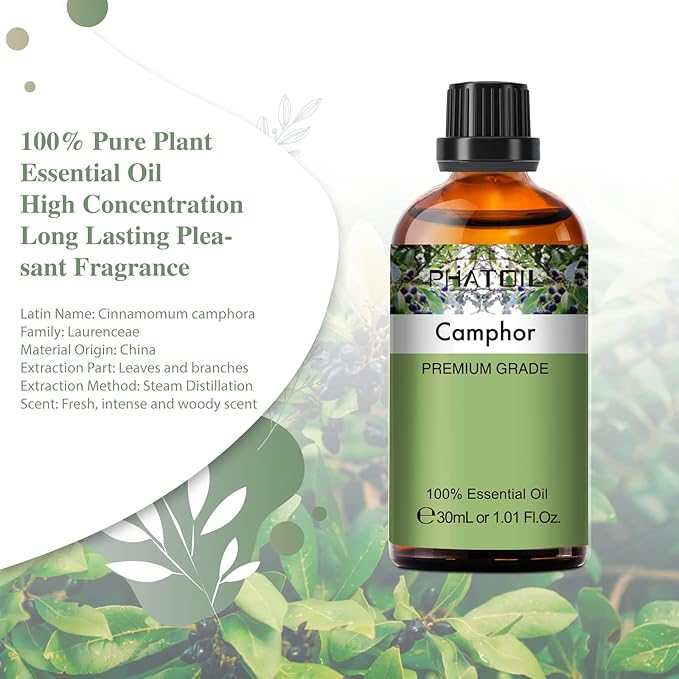 Camphor Essential Oil, 1.01Fl.Oz (30ML) PHATOIL Pure Essential Oil Singles for Aromatherapy Diffusers, Humidifiers, Great for DIY Candle and Soap Making, Gift for Friend