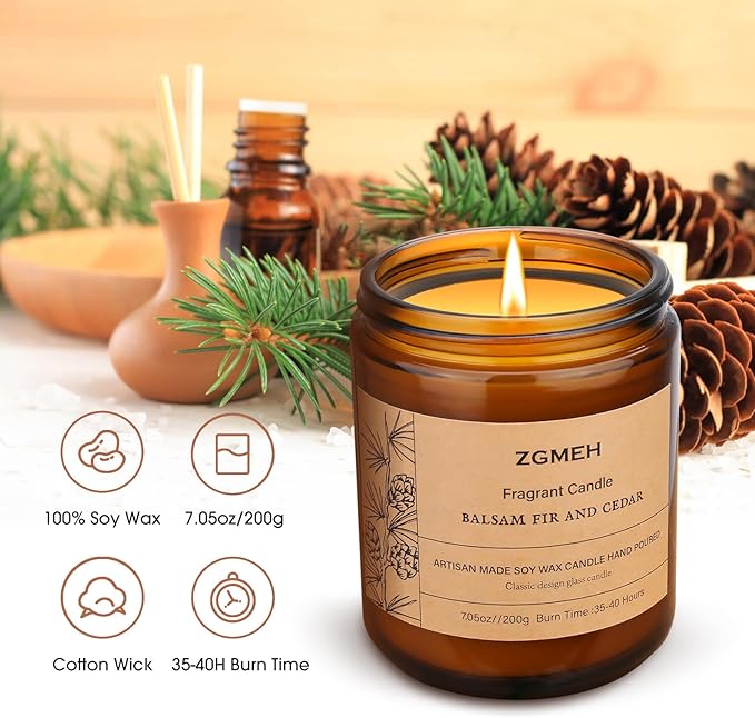 Scented Candle,7.05 oz Balsam & Cedar Home Scented - 100% Natural Soy Wax Candle,1 Cotton Wick,Over 40 Hours Burn Time,Scented Jar Candle Gifts