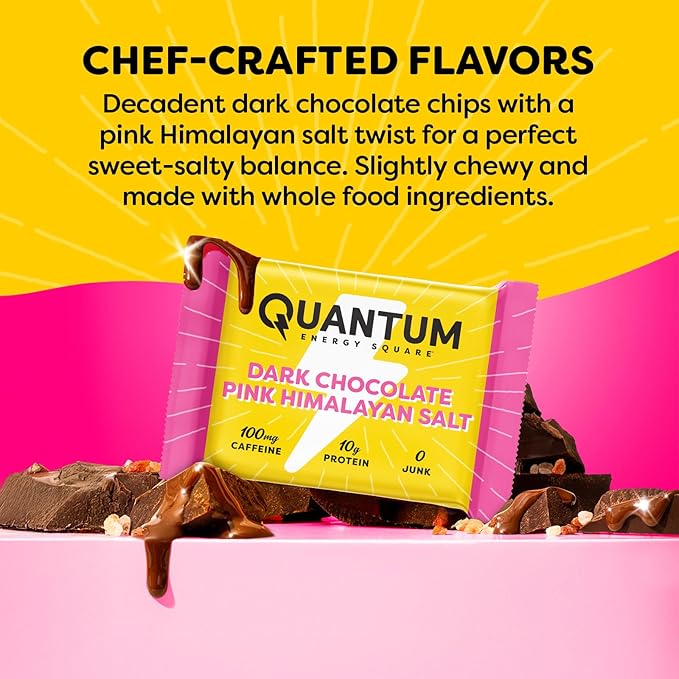 Quantum Energy Square: Energy Bar with Caffeine & 10g Protein. Delicious Healthy Snack On The Go. (Vegan, Gluten-free, Soy-free, Dairy-free) (Dark Chocolate Pink Himalayan Salt)