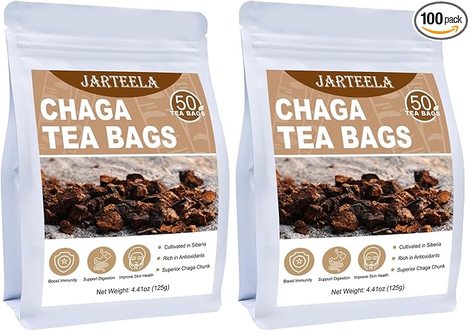 Jarteela - Chaga Tea, 50 Teabags, 2.5g/bag - Chaga Mushroom Tea Bag - Premium Herbal Tea Bags - Non-GMO - Caffein-free Tea- Improve Liver and Skin Health (Pack of 2)