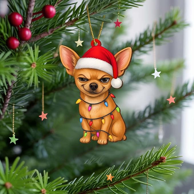 2 Side Printed Flat Christmas Wooden Ornaments, Animal Keepsake Hanging Tree Decoration, Santa Chihuahua Ornament